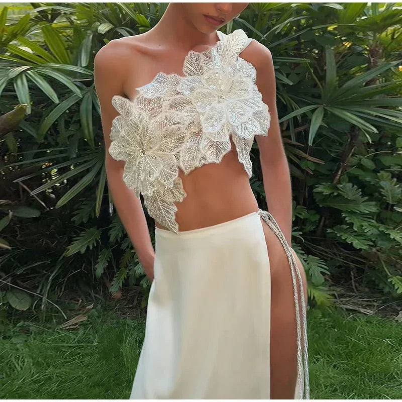 Sexy 3D Flower Vest Skirt Sets Women Slim Sequin Lace Up Crop Tops High Split Long Skirts 2025 Summer Lady Vacation Outfits