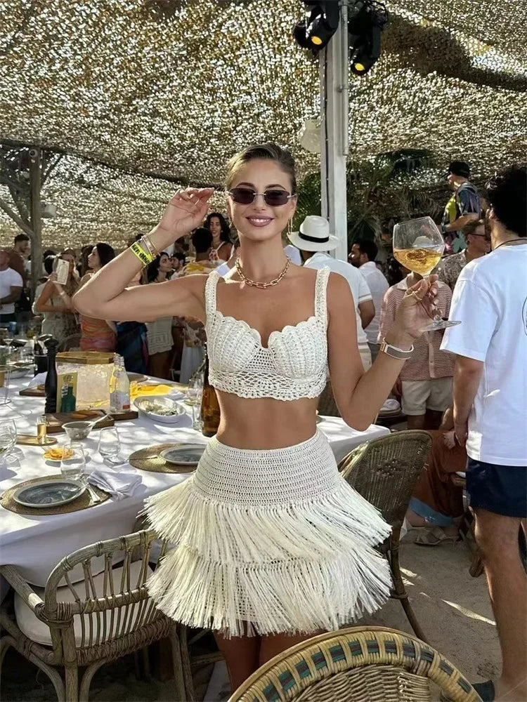 Crochet See Through 2 Piece Set Women Sexy Beach Vacation Y2K Mini Tops+Multi-Layered Tassels Skirts Matching Suits