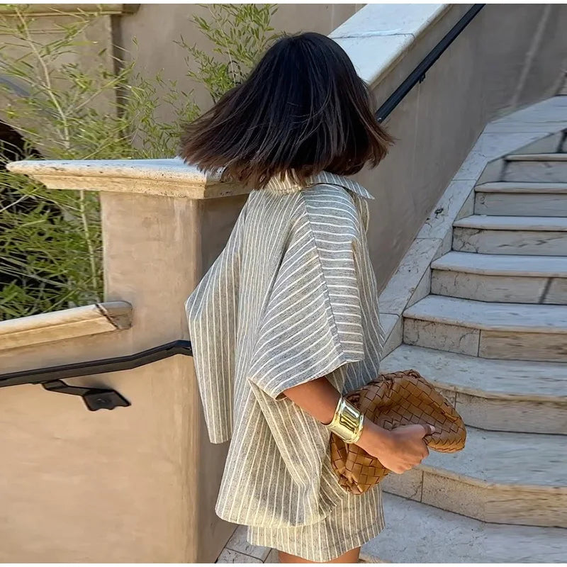 Casual Striped Lace Up Women Shorts Suits Lapel Half Sleeve Single Breasted Shirt Wide Leg Shorts 2025 Summer New Chic Lady Sets