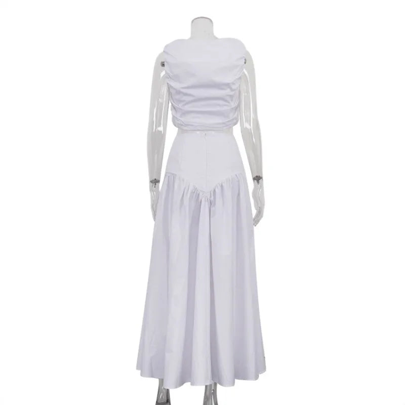 DSMTRC Fashion Long Skirt Suits Ladies Solid Outfits V-Neck Cropped Top And Patchwork White Pleated Maxi Women Skirt 2 Piece-Set