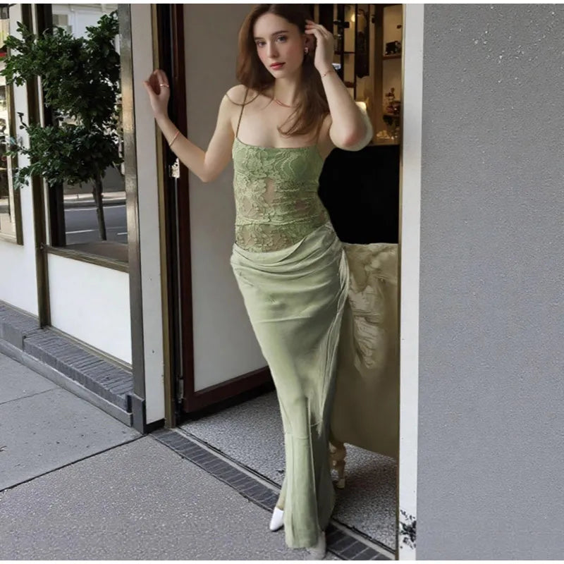 Elegant Lace Fishbone Top Long Skirt Set Women Sexy Perspective Corset Sling Tops Hip Package Skirts Sets Lady Chic Party Street