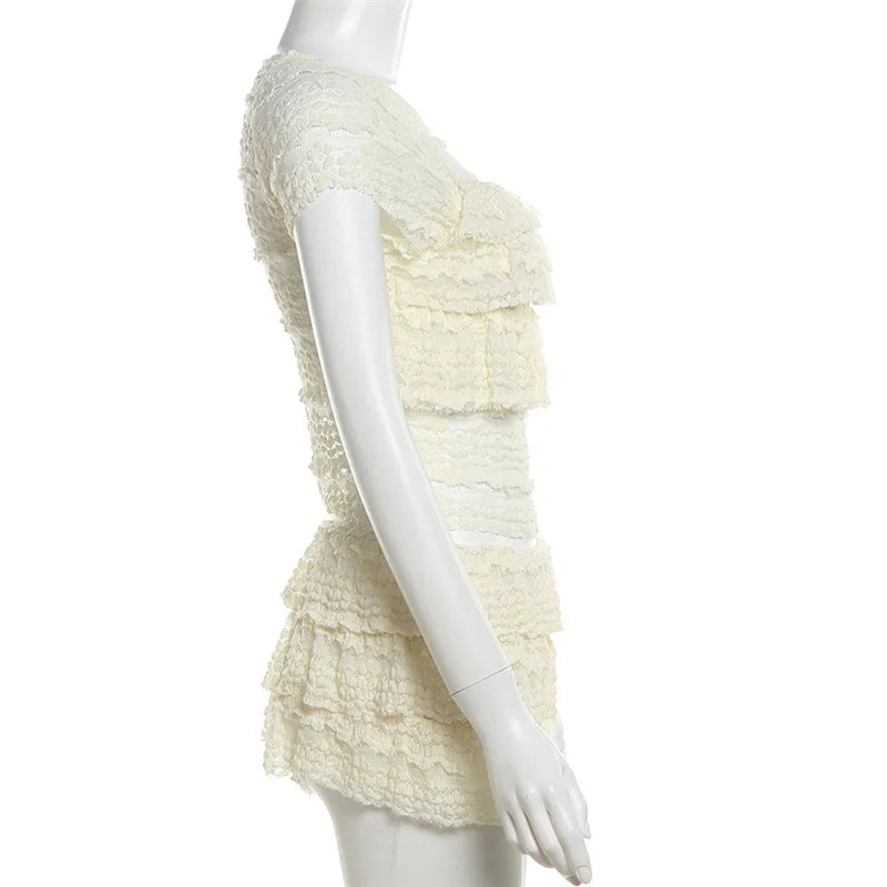 Crochet See Through 2 Piece Set Women Sexy Beach Vacation Y2K Mini Tops+Multi-Layered Tassels Skirts Matching Suits