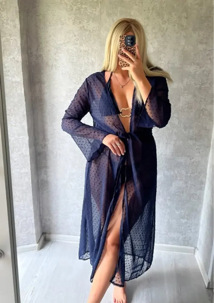 Melphieer 2025 Jacquard Navy Beach Dress Long Beach Cover up Woman Swimwear Bikini Tunic Long Pareos Robe Plage Beachwear Outfit