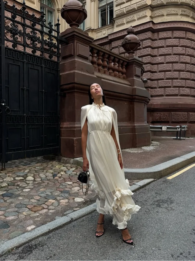 Women Solid Ruffle  Maxi Dress Fashion Lapel V-neck Sleeveless Pleated High Waist Chic Dresses 2025 Summer Lady Vacation Robes