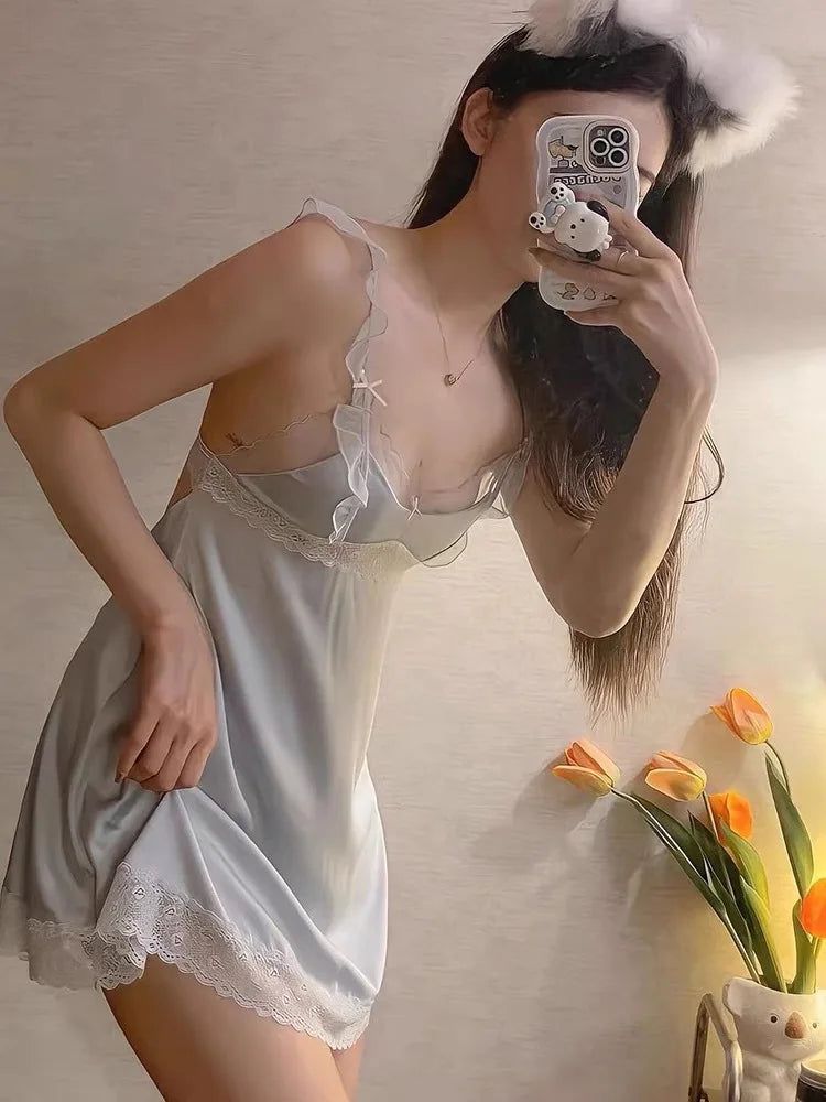 Sexy Backless Nightgown Women Suspender Nightdress Summer Lace Sleepwear Morning Gown Loungewear Silky Satin Home Dress