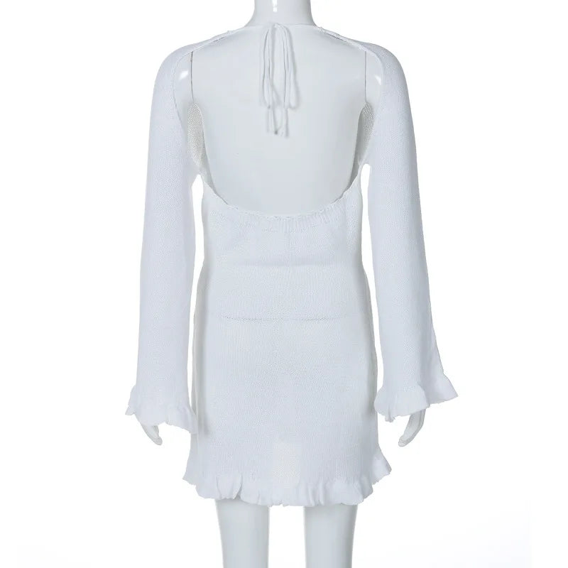 2025 Women Ins Style Sexy Backless Neck-hanging Long Sleeve Fishtail Dress Knit Beachwear Summer Swimsuit Bikini Cover-ups A2825