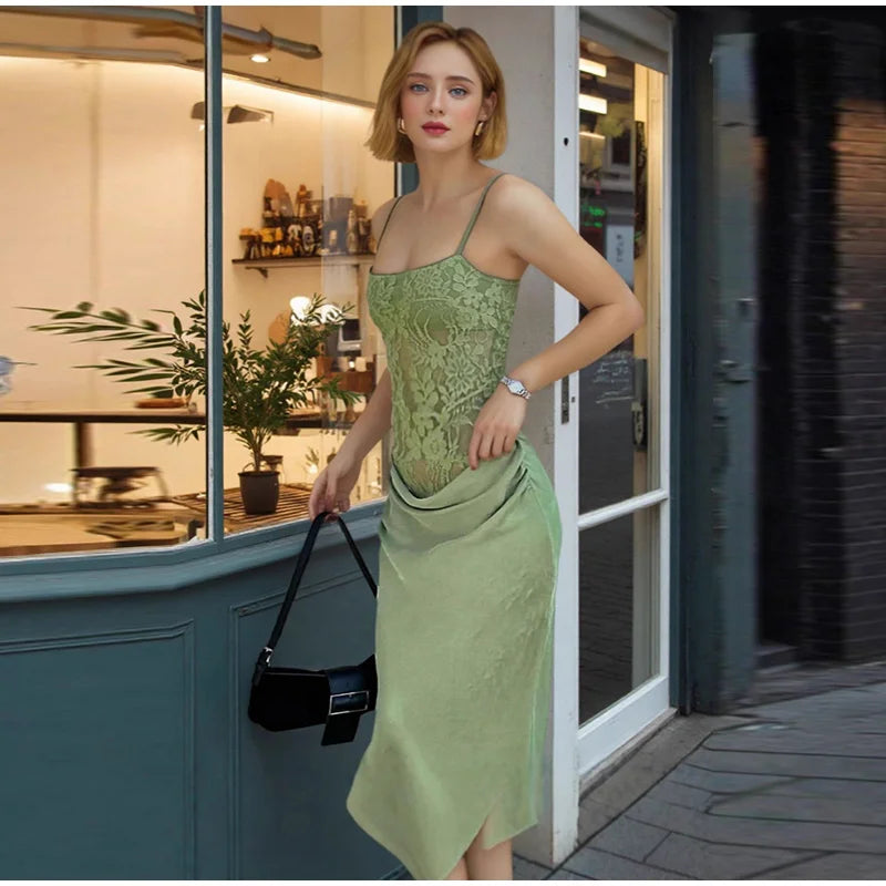 Elegant Lace Fishbone Top Long Skirt Set Women Sexy Perspective Corset Sling Tops Hip Package Skirts Sets Lady Chic Party Street