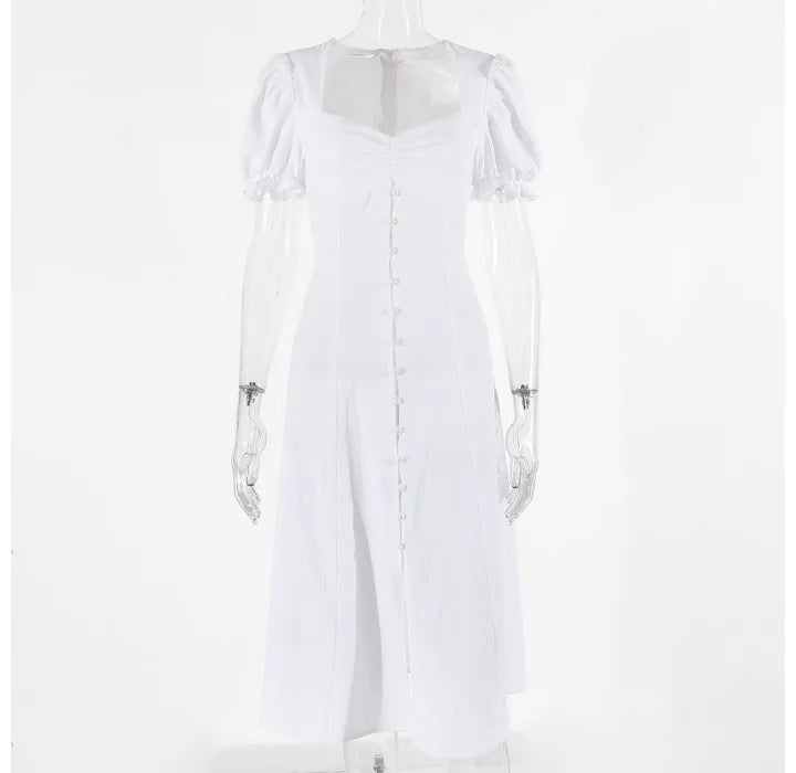 Womens Dresses 2024 Summer New Solid Color Elegant Temperament Short Sleeve Bubble Sleeves Fashion Sweet High Split Long Dress