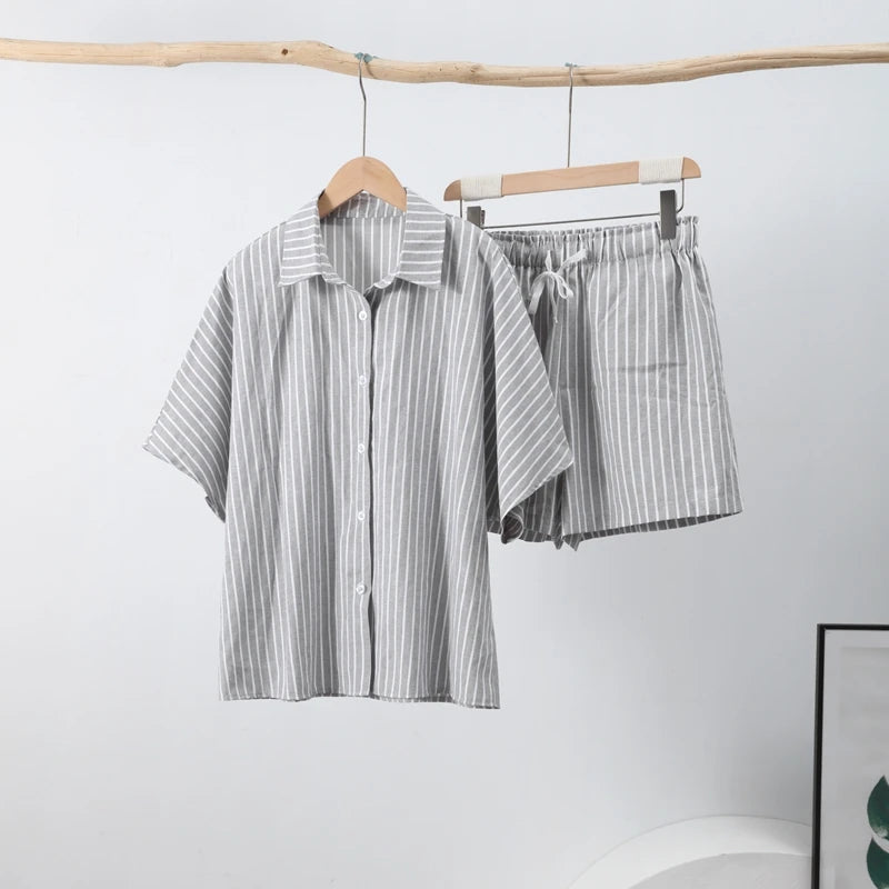 Casual Striped Lace Up Women Shorts Suits Lapel Half Sleeve Single Breasted Shirt Wide Leg Shorts 2025 Summer New Chic Lady Sets