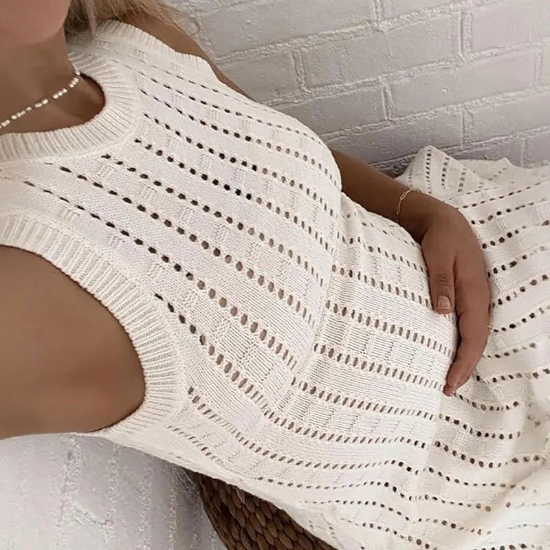 Beach Vacation Hollow Knitted Long Dress Lady O-neck Sleeveless Vest Summer A-line Dress Simple Solid Color Beach Cover Up Dress
