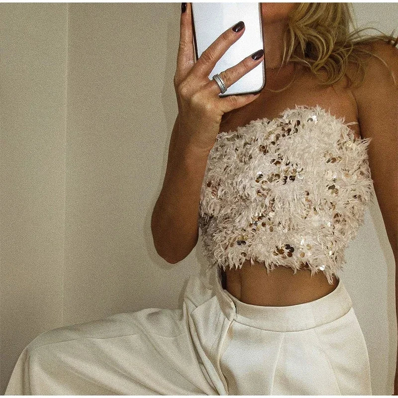 Fashion Sequins Patchwork Fur Crop Tops Sexy Strapless Chest Wrapping Vest Winter New Women's Off Shoulder Slim Club Party Tops