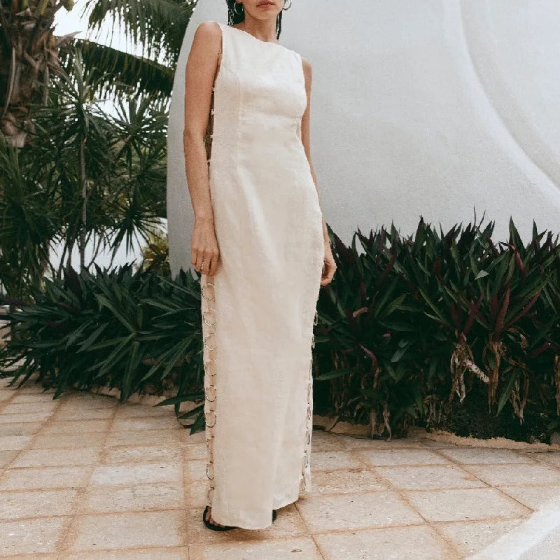 Sexy Hollow Out Iron Ring Connected Dress Women Elegant O Neck Sleeveless Maxi Dresses 2024 Spring Chic Female Party Streetwear