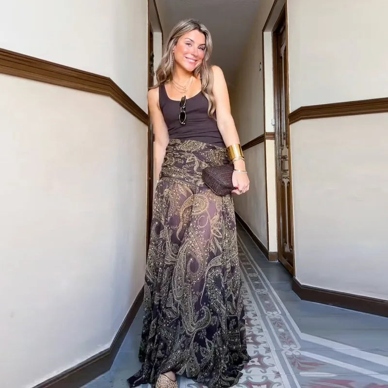 Sexy Print Asymmetric Long Skirts Women Loose High Waist Pleated A-line Skirt 2025 Summer Autumn Lady Partywear