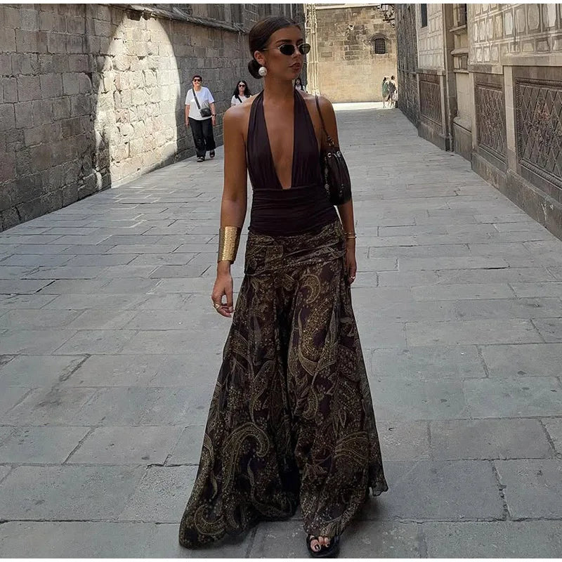 Sexy Print Asymmetric Long Skirts Women Loose High Waist Pleated A-line Skirt 2025 Summer Autumn Lady Partywear