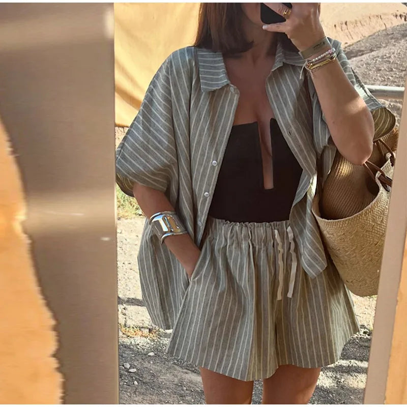 Casual Striped Lace Up Women Shorts Suits Lapel Half Sleeve Single Breasted Shirt Wide Leg Shorts 2025 Summer New Chic Lady Sets