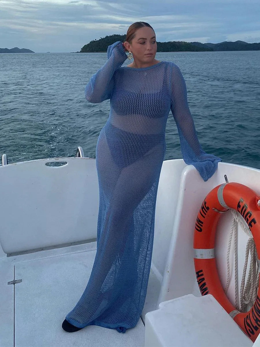 Bikini Sexy Cover-ups Long Sleeve Hollow Out See Through Maxi Knit Dress 2024 Beach Cover Up Dresses for Women Summer Outfit