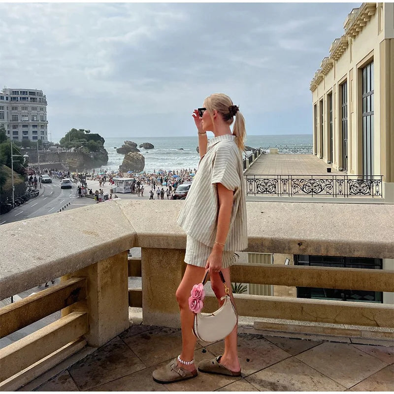 Casual Striped Lace Up Women Shorts Suits Lapel Half Sleeve Single Breasted Shirt Wide Leg Shorts 2025 Summer New Chic Lady Sets