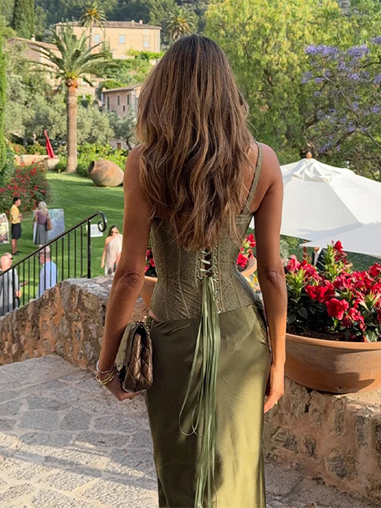 Elegant Lace Fishbone Top Long Skirt Set Women Sexy Perspective Corset Sling Tops Hip Package Skirts Sets Lady Chic Party Street