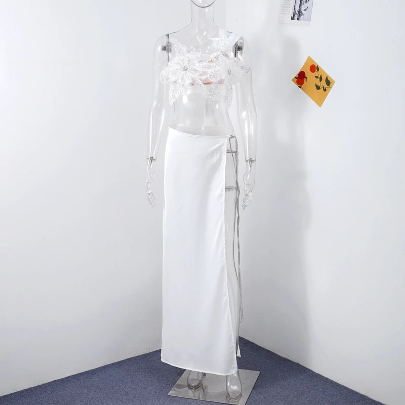 Sexy 3D Flower Vest Skirt Sets Women Slim Sequin Lace Up Crop Tops High Split Long Skirts 2025 Summer Lady Vacation Outfits