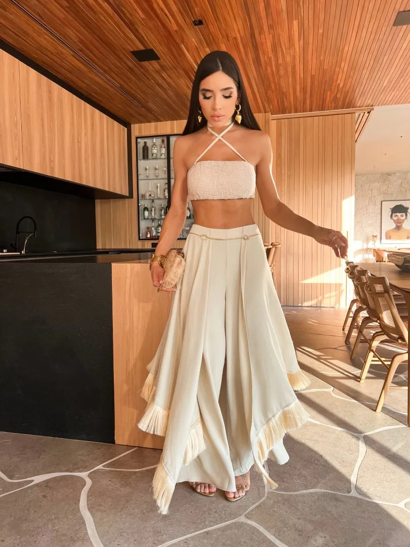 2025 Style Tassels Women Pants Set With Halter Top Sexy Fashion Off Shoulder Short Top Lady High Street Outfits Holiday Cloth
