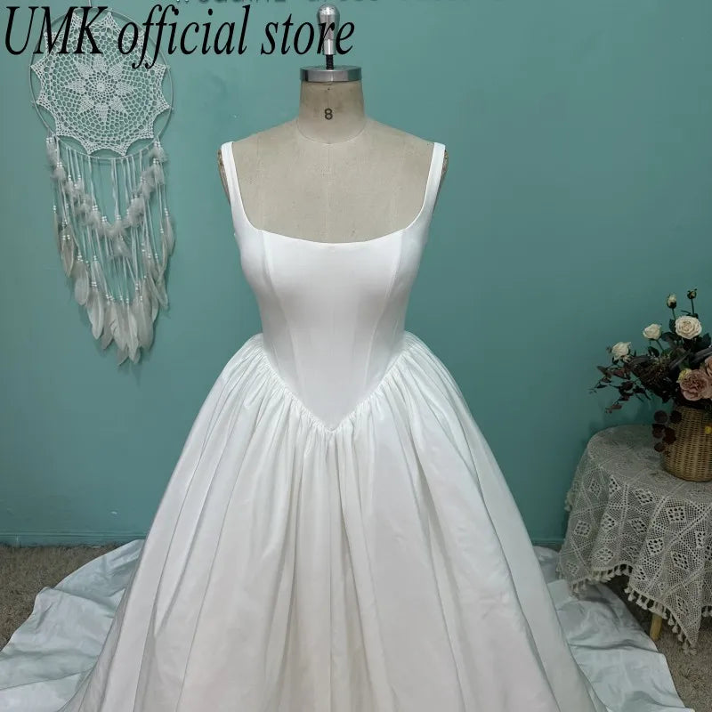 UMK 2025 Modern Women Taffeta A Line Wedding Dress Elegant Spaghetti Straps Lace up Sleeveless Bridal Gowns  Customized