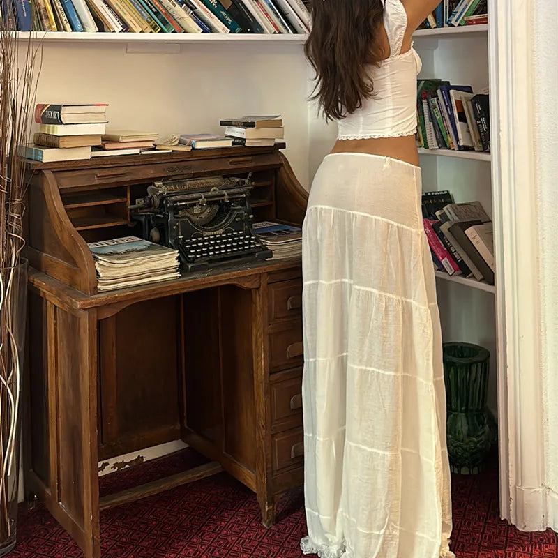 Boho Inspired dropped waist elastic white skirt women new flirty ruffled hem sexy Y2k summer skirt new cotton women maxi skirts