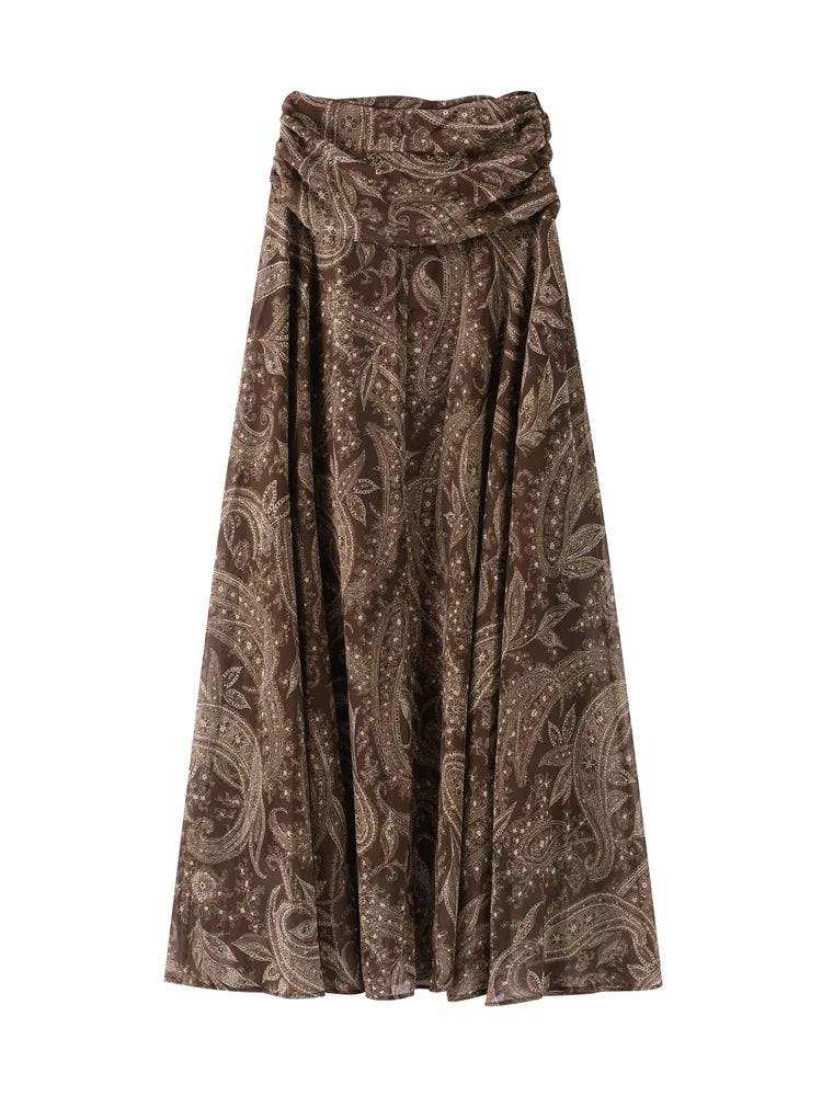 Sexy Print Asymmetric Long Skirts Women Loose High Waist Pleated A-line Skirt 2025 Summer Autumn Lady Partywear