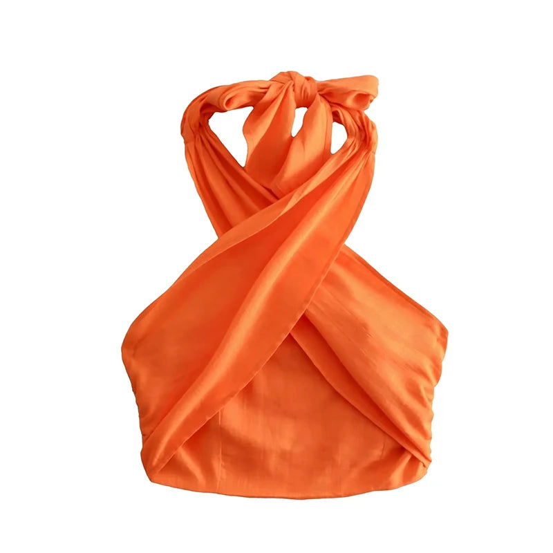 Foridol Cotton Linen Orange Ruched Crop Top Halter Sexy Backless Summer Autumn White Beach Tank Top Camis Cross Sexy Top