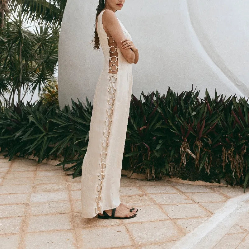 Sexy Hollow Out Iron Ring Connected Dress Women Elegant O Neck Sleeveless Maxi Dresses 2024 Spring Chic Female Party Streetwear