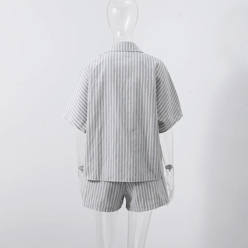Casual Striped Lace Up Women Shorts Suits Lapel Half Sleeve Single Breasted Shirt Wide Leg Shorts 2025 Summer New Chic Lady Sets