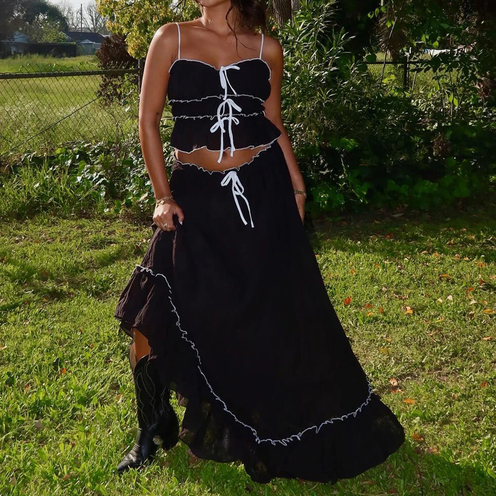 Women's Y2K  Aesthetic  2 Piece Skirt Outfits Sleeveless Ruffle Trim Camisole Long Tie Up Skirt Set