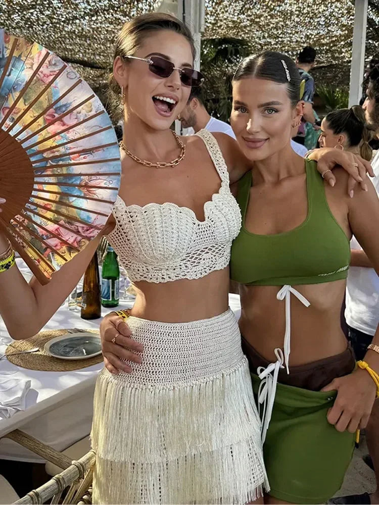 Women Tassels Patchwork Knit Skirt Set Elegant Shell Shape Backless Slim Sling Vest Suits Lady Summer Holiday Street Outfit 2025