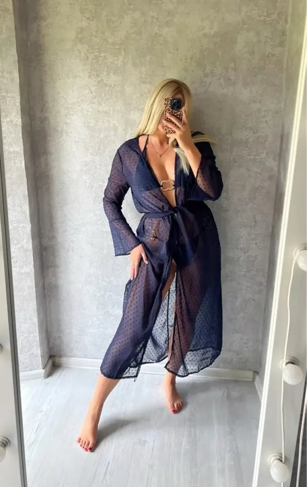 Melphieer 2025 Jacquard Navy Beach Dress Long Beach Cover up Woman Swimwear Bikini Tunic Long Pareos Robe Plage Beachwear Outfit