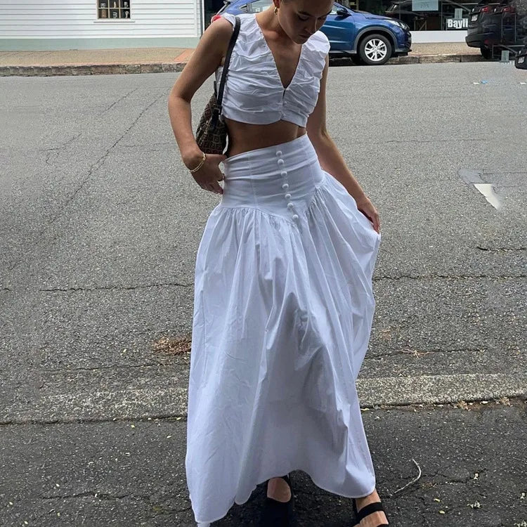 DSMTRC Fashion Long Skirt Suits Ladies Solid Outfits V-Neck Cropped Top And Patchwork White Pleated Maxi Women Skirt 2 Piece-Set