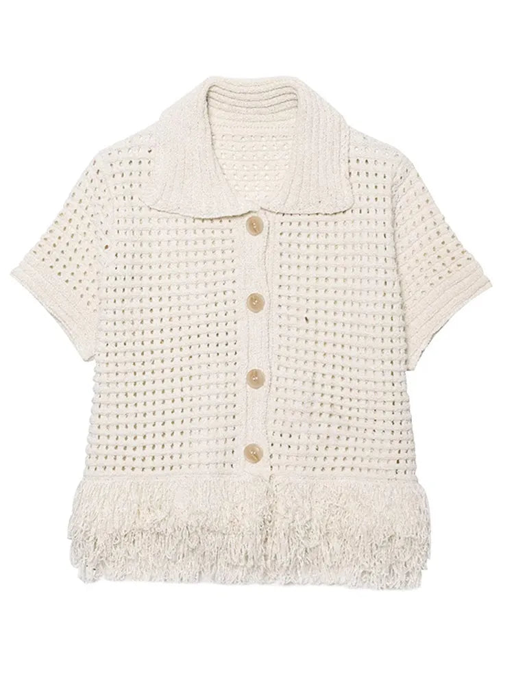 Women Tassels Patchwork Knit Skirt Set Elegant Shell Shape Backless Slim Sling Vest Suits Lady Summer Holiday Street Outfit 2025