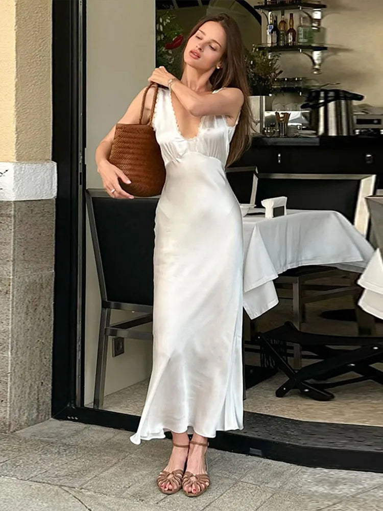 Sexy Lace Tube Long Dress For Women V-neck Sleeveless Backless Draped A-line Robe 2025 Summer Elegant Female New Party Dresses