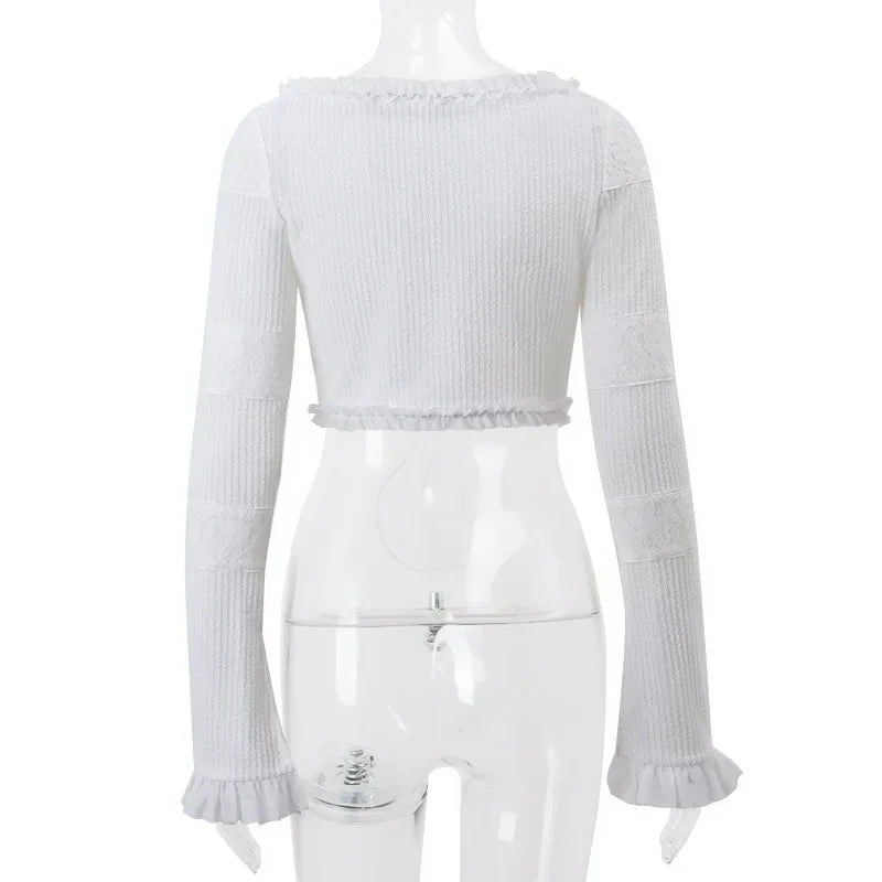 Imcute Sheer Silky Women 2 Piece Set Lace-Up Tassel Flared Sleeve Crop Top+Sexy Low-Waist Tierred Skirt Party Street Outfits