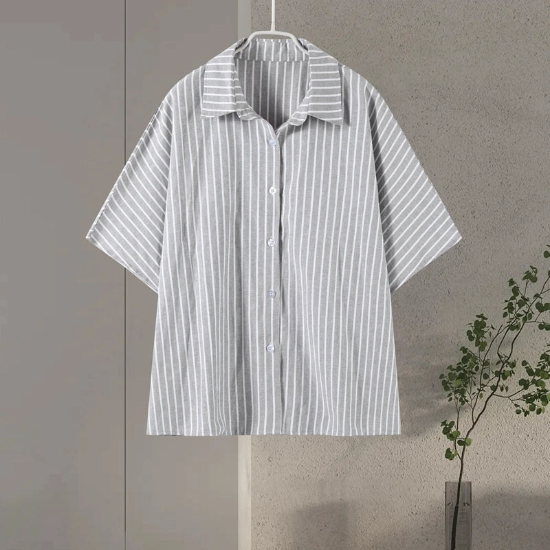 Casual Striped Lace Up Women Shorts Suits Lapel Half Sleeve Single Breasted Shirt Wide Leg Shorts 2025 Summer New Chic Lady Sets