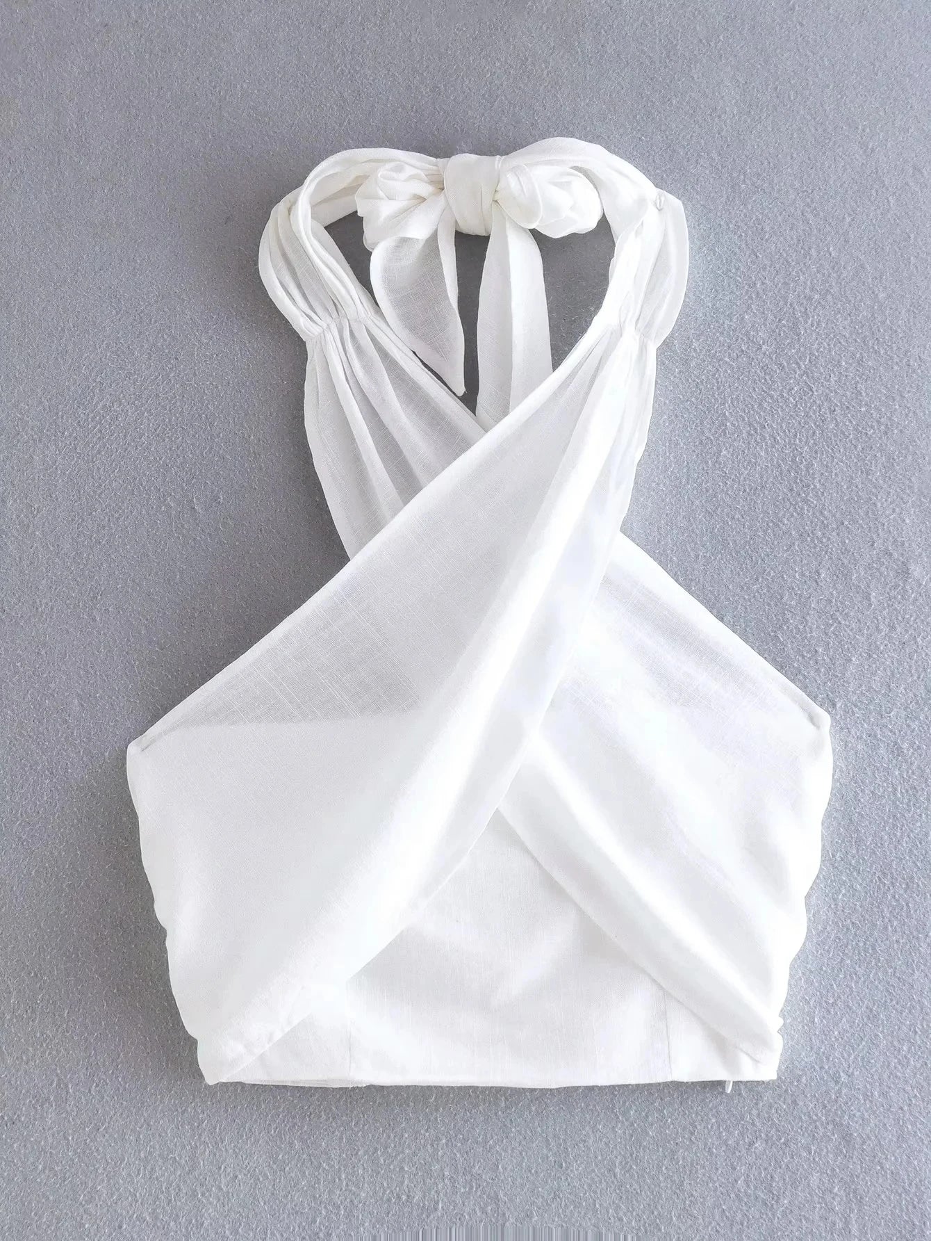 Foridol Cotton Linen Orange Ruched Crop Top Halter Sexy Backless Summer Autumn White Beach Tank Top Camis Cross Sexy Top