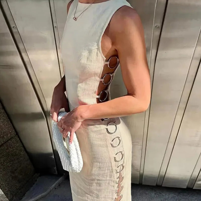 Sexy Hollow Out Iron Ring Connected Dress Women Elegant O Neck Sleeveless Maxi Dresses 2024 Spring Chic Female Party Streetwear