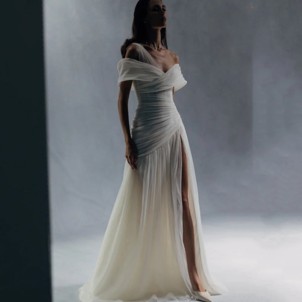 Party Gowns Customized A Line Off Shoulder High Split Prom Dresses Simple Tulle Evening Dress New Arrival 2025 فساتين سهرة