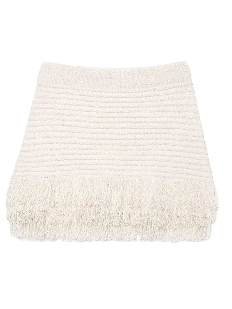 Women Tassels Patchwork Knit Skirt Set Elegant Shell Shape Backless Slim Sling Vest Suits Lady Summer Holiday Street Outfit 2025