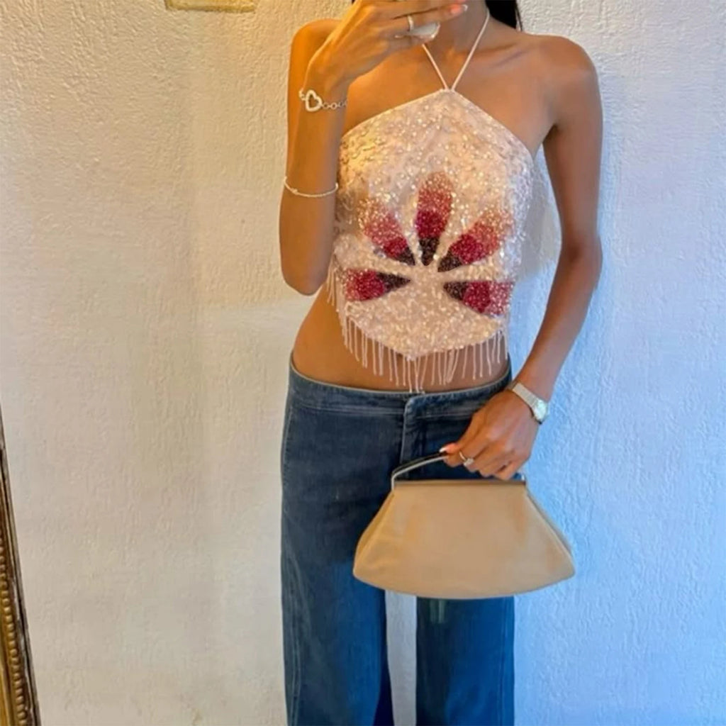 Women Sequined Tassels Halter Top Tie-up Sleeveless Vest Contrast Color Tops Fashion Crop Top Sexy Backless Summer Streetwear