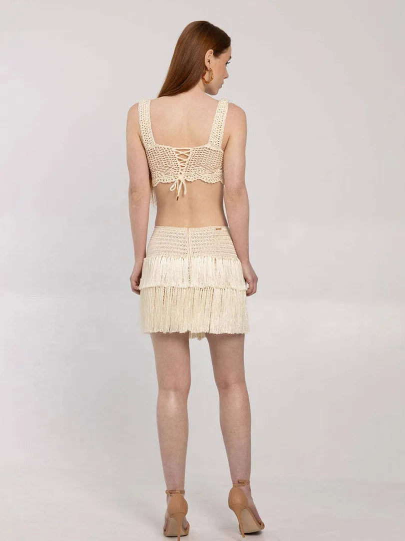 Crochet See Through 2 Piece Set Women Sexy Beach Vacation Y2K Mini Tops+Multi-Layered Tassels Skirts Matching Suits
