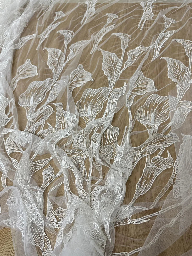 New Hot  Low Price  Off White Embroidery Wedding Dress Tulle Lace Fabric Good Quality Bridal Wear French Lace Fabric 1 Yard