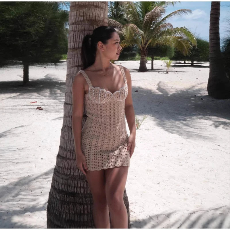 Sexy Knit Short Hollow Out Beach Dress Pearls V-neck Sleeveless Female Sling Dresses 2025 Spring Summer Lady Vacation Vestidos