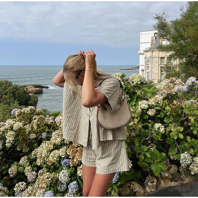 Casual Striped Lace Up Women Shorts Suits Lapel Half Sleeve Single Breasted Shirt Wide Leg Shorts 2025 Summer New Chic Lady Sets