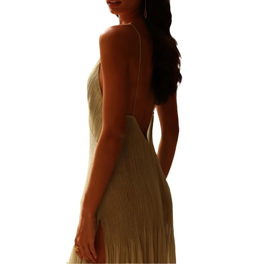 Sexy Dress Women Fashion Vintage Sleeveless Pleats Long Dresses Solid Slim Spaghetti Strap V Neck Split Spring Summer Maxi Dress
