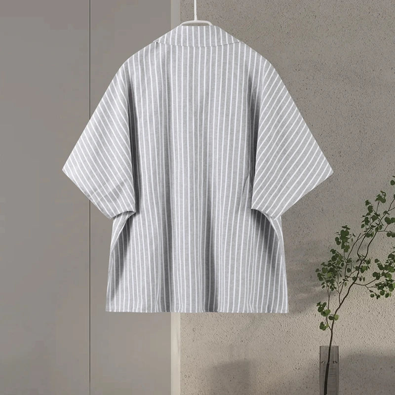 Casual Striped Lace Up Women Shorts Suits Lapel Half Sleeve Single Breasted Shirt Wide Leg Shorts 2025 Summer New Chic Lady Sets