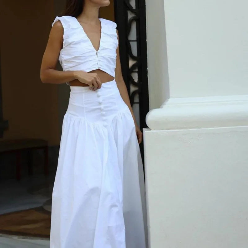 DSMTRC Fashion Long Skirt Suits Ladies Solid Outfits V-Neck Cropped Top And Patchwork White Pleated Maxi Women Skirt 2 Piece-Set